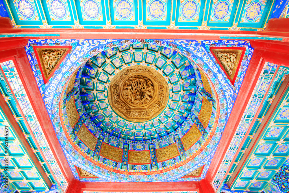 Elegant color wooden sculpture on ceiling，Beihai Park，Beijing, China