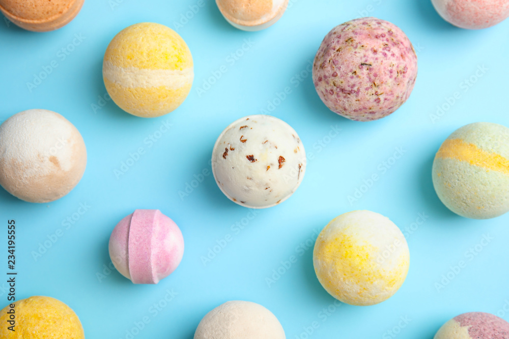 Flat lay composition with bath bombs on color background Flat lay composition with bath bombs on color background