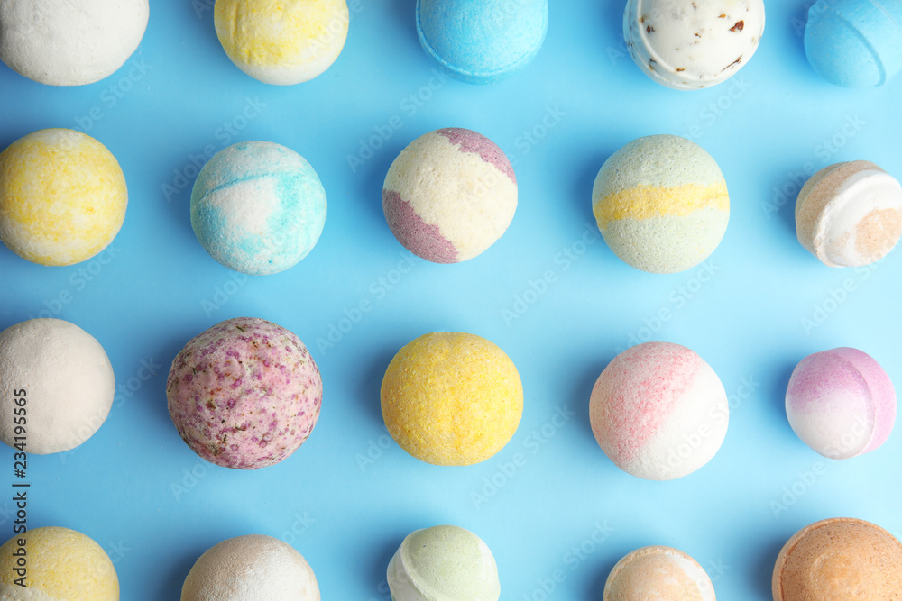 Flat lay composition with bath bombs on color background Flat lay composition with bath bombs on color background
