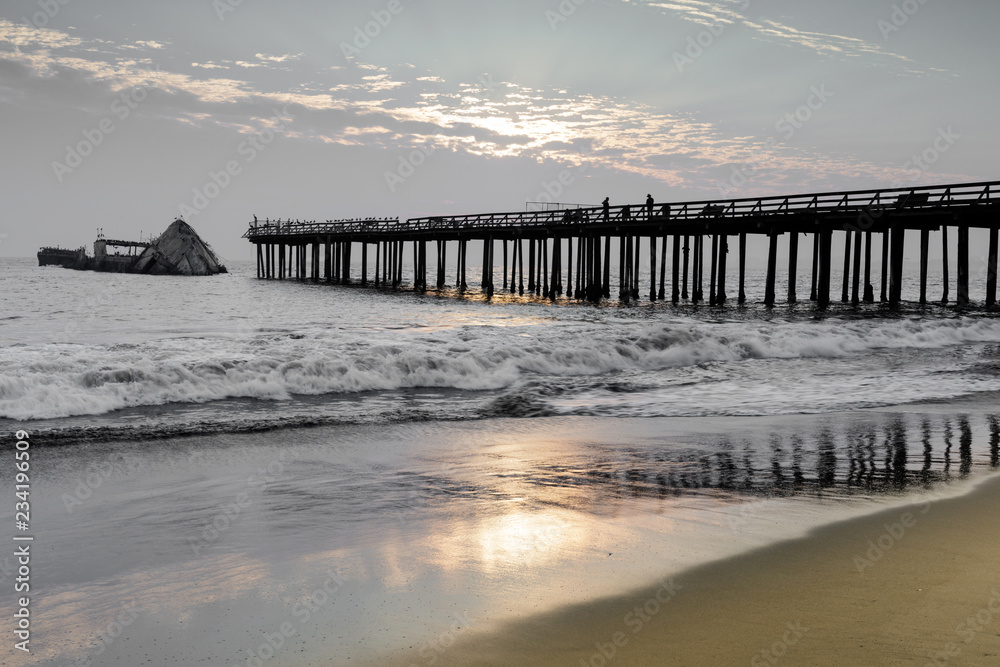 Sunset over Seacliff Pier and SS Palo Alto Shipwreck. Seacliff State Beach, Santa Cruz County, California, USA.