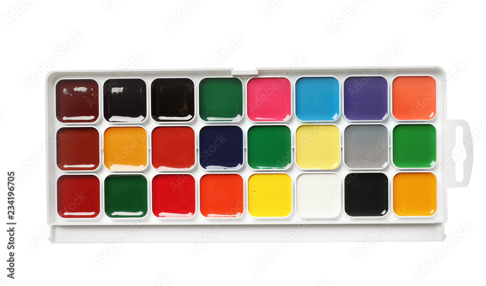 Plastic watercolor palette on white background, top view. Painting equipment for children Plastic watercolor palette on white background, top view. Painting equipment for children
