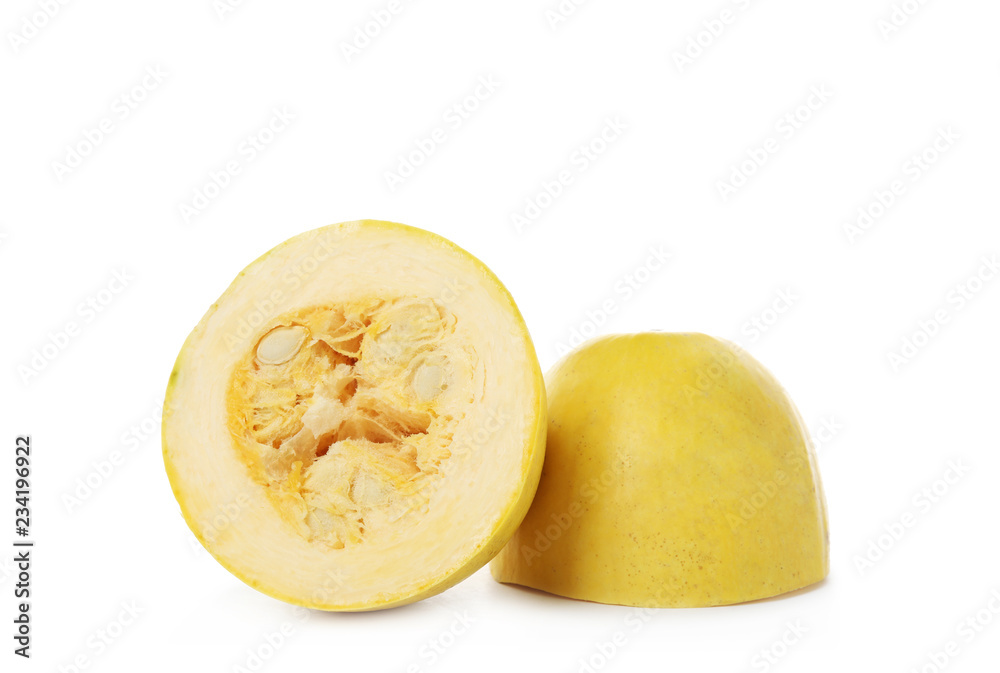 Raw cut spaghetti squash on white background Raw cut spaghetti squash on white background