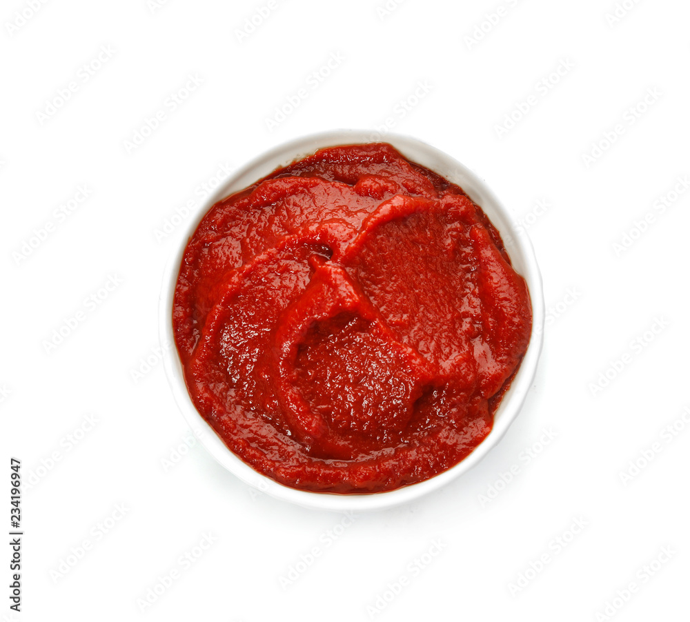 Tasty homemade tomato sauce in bowl on white background, top view