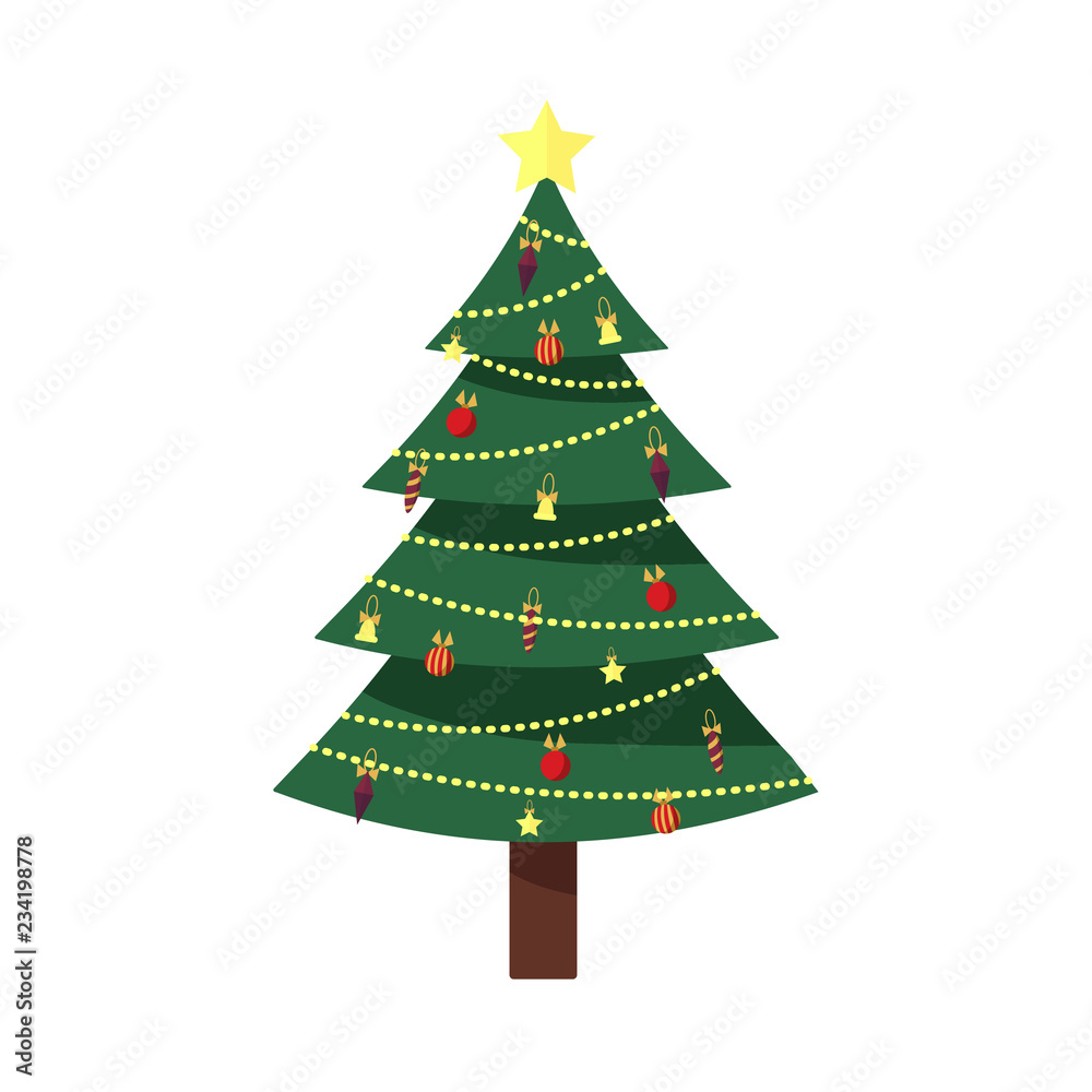 Decorated christmas tree with gift boxes, lights, decoration balls and lamps. Merry Christmas and a happy new year. Vector illustration in flat and cartoon style Decorated christmas tree with gift boxes, lights, decoration balls and lamps. Merry Christmas and a happy new year. Vector illustration in flat and cartoon style