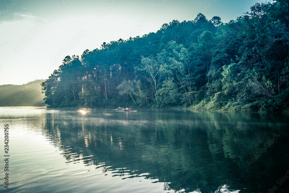 Romantic morning scenery of Huai Pang tong Reservoir and pine forests at Pang Oung,Pang Tong Royal Development Project,Ban Ruam Thai,Mae Hong Son,Northern Thailand