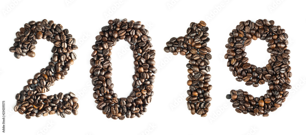 Coffee bean sort by number 2019. Which is BCE. For the calendar or postcard New Year. isolated on white background and clipping path. Coffee bean sort by number 2019. Which is BCE. For the calendar or postcard New Year. isolated on white background and clipping path.