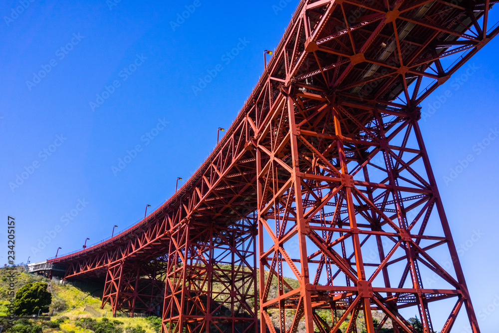 Metal structure and pylons, Golden Gate Bridge, north San Francisco bay area, California