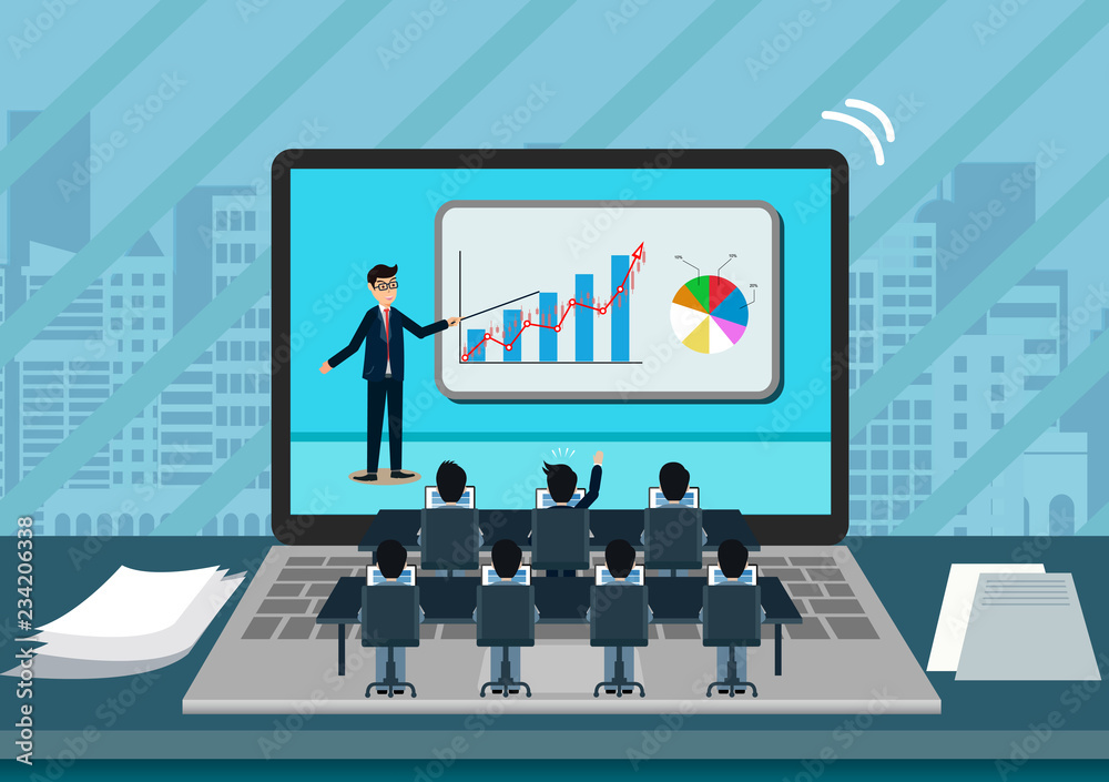 Laptop screen view of a teamwork business meeting concept. businessman sit in front of the screen help to brainstorm modern idea and to achieve success and rise. creative idea. vector illustration Laptop screen view of a teamwork business meeting concept. businessman sit in front of the screen help to brainstorm modern idea and to achieve success and rise. creative idea. vector illustration