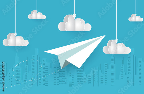 concept of business success, Paper plane white flying on sky between cloud on blue background. startup. creative idea. cartoon vector illustration