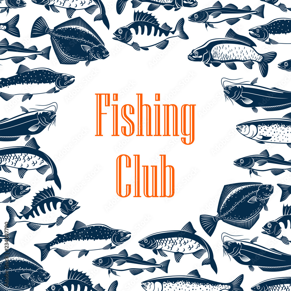 Fototapeta Klub wędkarski plakat z rybami w ramce wzór