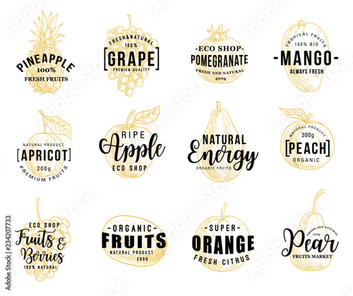 Fruits and berry lettering icons