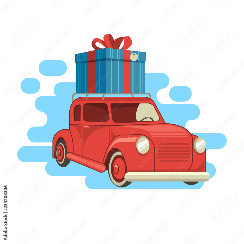 Gift delivery. The car carries a gift. Vector illustration