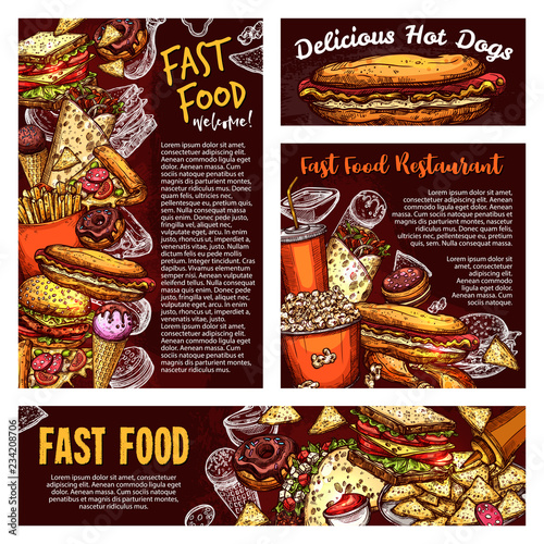 Fast food, street meals and soda vector sketch