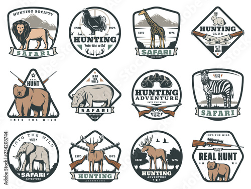 Hunting sport or safari adventure icons, vector