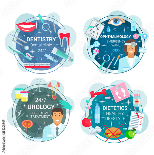 Medicine round icons of doctors and medical tools