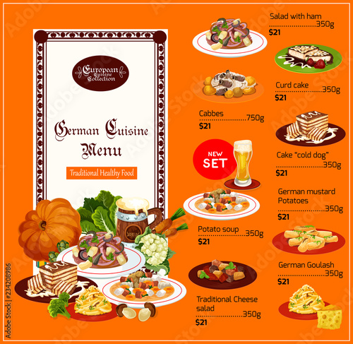 German cuisine menu, vector food and drinks