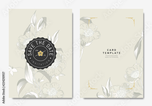 Fototapeta Naklejka Na Ścianę i Meble -  Floral wedding invitation card template design, hand drawn camellia flowers on light brown background, vintage style