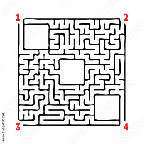 Abstract square maze. Game for kids. Puzzle for children. Four entrances, one exit. Labyrinth conundrum. Flat vector illustration isolated on white background. With place for your image.