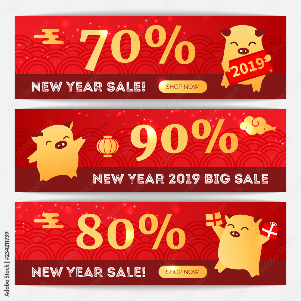 2019 Year of the Pig chinese zodiac sign flat cartoon characters on sale  banners, oriental asians chinese style web online background elements,  discount flyer Stock Vector | Adobe Stock