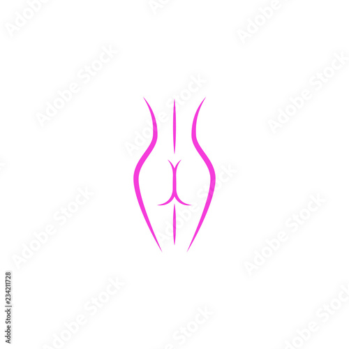 Beautiful slim lady figure of the logo in delicate pink thin lines back view, an attractive abstract shape of the female nude body, for plastic surgery of the ass icon