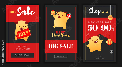 Modern flat New Year big sales app screen or instagram template, web online shopping concept.NewYear chinese asian characters happy pigs sale application screens, ready to use 