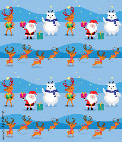 Seamless vector pattern with Santa and Deer. Can be used for wallpaper, pattern fills, web page background, surface textures, gifts. Creative Hand Drawn textures for winter holidays.