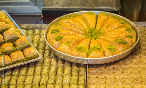 Photography Turkish baklava dessert  in tray on display