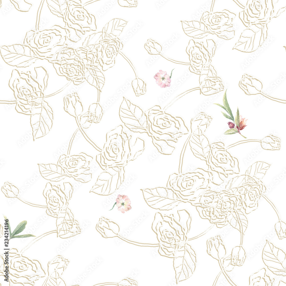 Watercolor painting of leaf and flowers, seamless pattern on white background