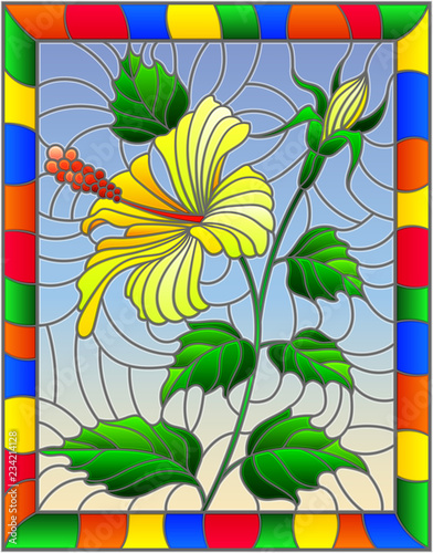 Illustration in stained glass style with flower, buds and leaves of yellow hibiscus on sky background in bright frame 