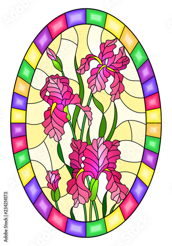 Fototapeta Naklejka Na Ścianę i Meble -  Illustration in stained glass style flower of pink irises on a yellow background in a bright frame,oval  image