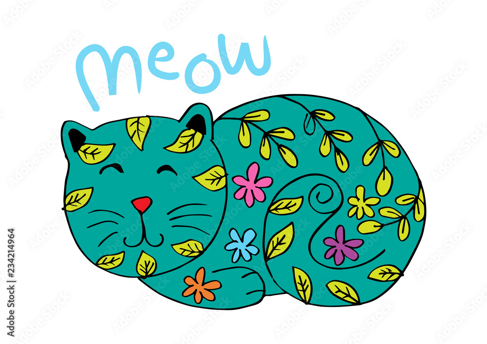 Fototapeta premium Cute cat in decorative style.