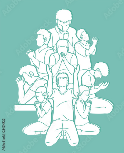 Group of Prayer, Christian praying together cartoon graphic vector