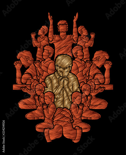 Group of Prayer, Christian praying together cartoon graphic vector