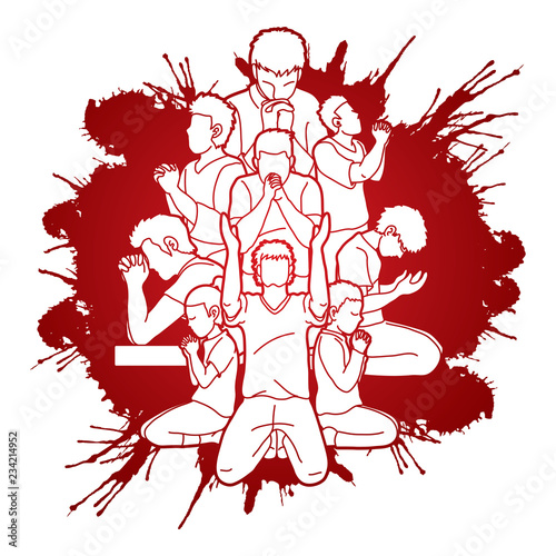 Group of Prayer, Christian praying together cartoon graphic vector