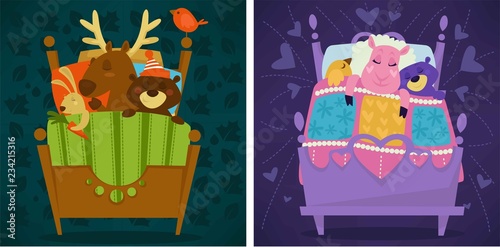 Animals sleeping in bed fairytale pets asleep set vector.