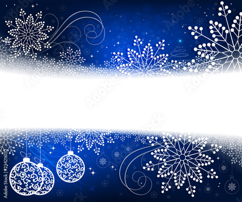 Christmas blue design with white, elegant snowflakes, abstract small Christmas tree and balls in retro style