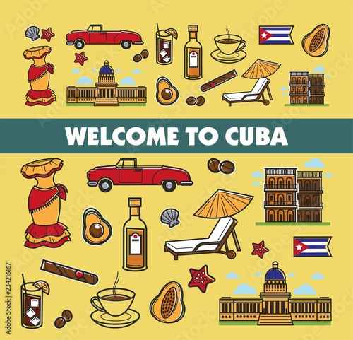 Cuban culture promo banner with national symbols set. photo