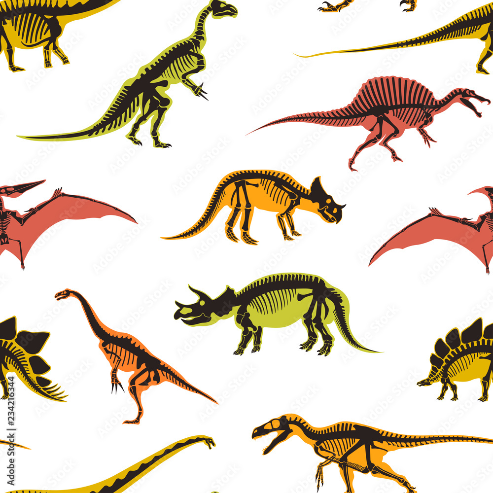 Dinosaurs and pterodactyl types of animals seamless pattern isolated on  white background vector. Stock Vector | Adobe Stock