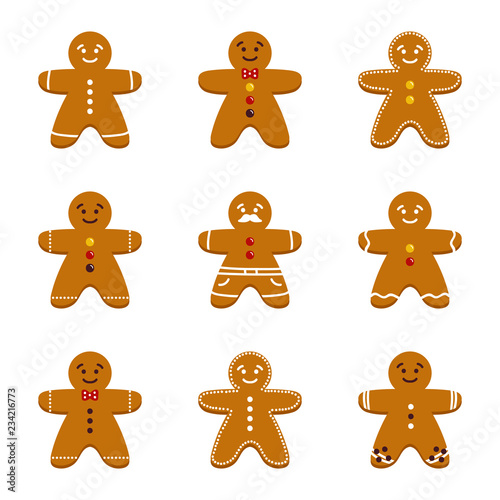 Set, collection of nine cute cartoon gingerbread man, christmas traditional cookies, biscuits isolated on white background.