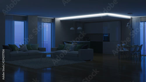 Modern house interior. Evening lighting. Night. 3D rendering.