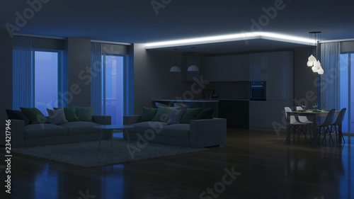 Modern house interior. Evening lighting. Night. 3D rendering.
