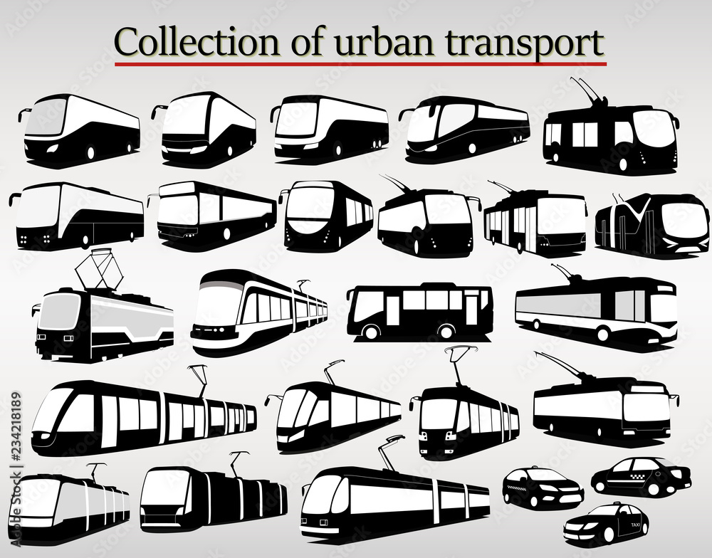 A set of silhouettes of urban transport on a light gray background A set of silhouettes of urban transport on a light gray background