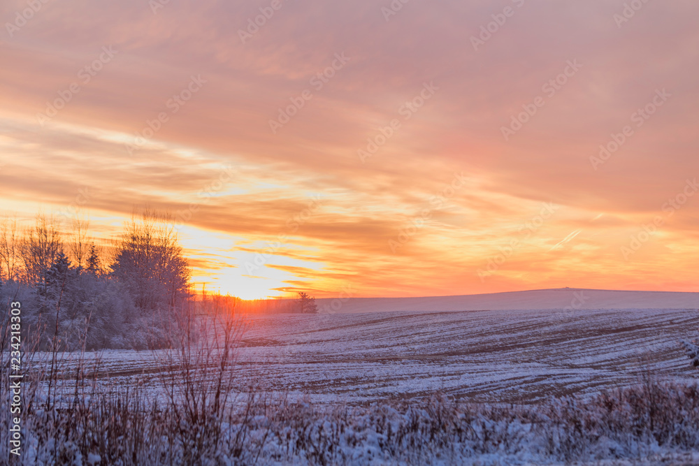 Obraz premium Beautiful winter sunset. The first snow in the fields at sunset.