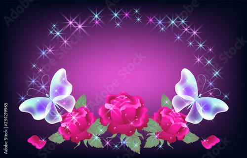 Sparkle oval frame with dragonfly and roses with shiny smoke and glowing stars frame with dragonfly and roses with shiny smoke and glowing stars frame with butterflies and roses with glowing stars