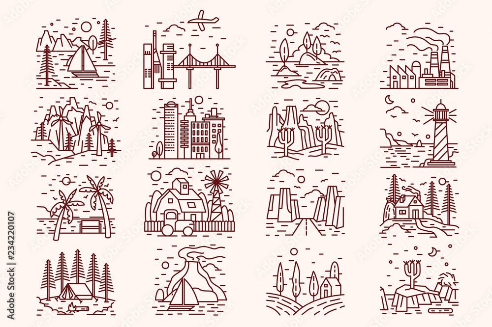 Obraz premium Isolated icons of landscape, monochrome, lineart style. Bridge set with lighthouse line contour, beach, seashore and ocean scenery. Natural linear beautiful collection. Vector illustration.