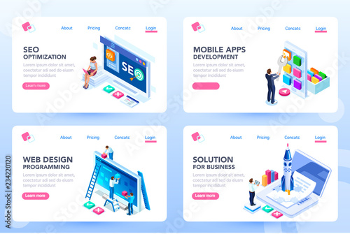 App for business solutions. Modern login on social menu homepage. Set of landing responsive ui for e-commerce. Coding layout and programming for an innovative optimization, html idea. Isometric vector