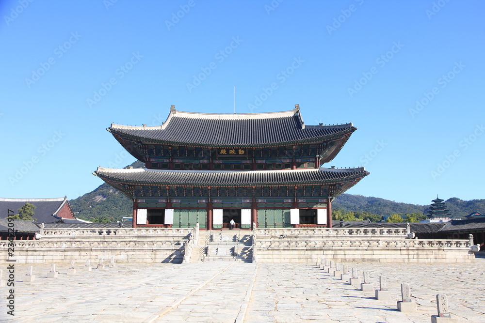Gyeongbokgung Palace in Seoul, South Korea. Writing on the building: Geunjeongjeon Hall Gyeongbokgung Palace in Seoul, South Korea. Writing on the building: Geunjeongjeon Hall