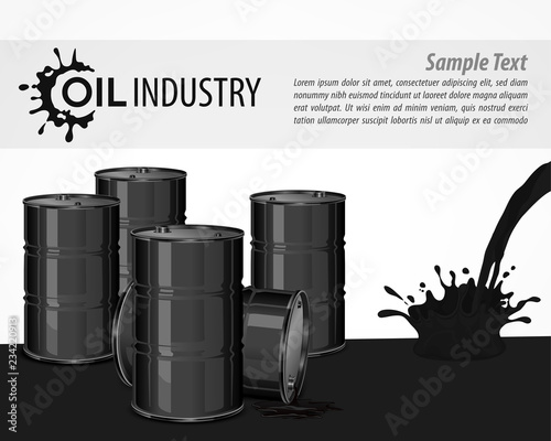 Black oil industrial poster with barrels, flows down and text.