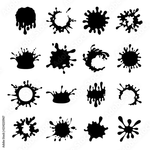 Black drops and splash, set of paint dripping liquid drips flows