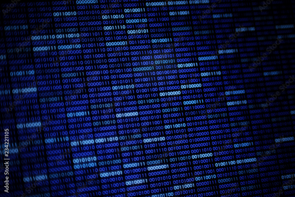 Computer display screen with blue binary code moving in the background. blur defocus blue bokeh light. technology graphic design background concepts Computer display screen with blue binary code moving in the background. blur defocus blue bokeh light. technology graphic design background concepts